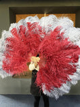 Load image into Gallery viewer, Mix Gray & Burgundy XL 2 Layer Ostrich Feather Fan 34''x 60'' with Travel leather Bag.
