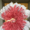 Abanico de plumas de avestruz de 2 capas XL en color gris y burdeos de 34&#39;&#39;x 60&#39;&#39; con bolsa de viaje de cuero.