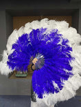 Load image into Gallery viewer, Mix Royal Blue & white XL 2 Layer Ostrich Feather Fan 34''x 60'' with Travel leather Bag.
