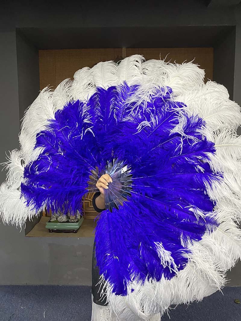 Mix Royal Blue & white XL 2 Layer Ostrich Feather Fan 34''x 60'' with Travel leather Bag.