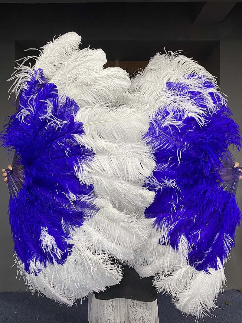 Mix Royal Blue & white XL 2 Layer Ostrich Feather Fan 34''x 60'' with Travel leather Bag.