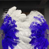 Abanico de plumas de avestruz de 2 capas XL en azul real y blanco, de 34 x 60 pulgadas, con bolsa de viaje de cuero.