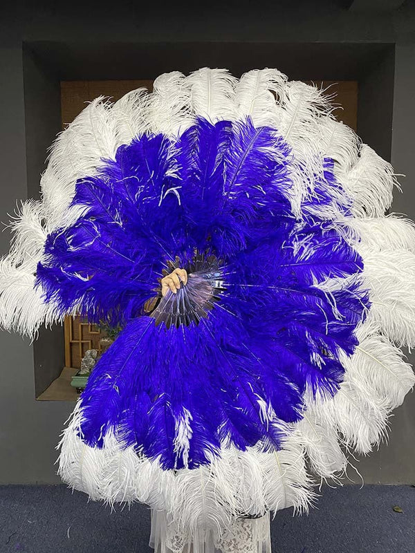 Abanico de plumas de avestruz de 2 capas XL en azul real y blanco, de 34 x 60 pulgadas, con bolsa de viaje de cuero.