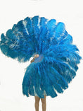 Load image into Gallery viewer, Mix turquoise & mint green 3 Layers Ostrich Feather Fan Opened 65" with Travel leather Bag.
