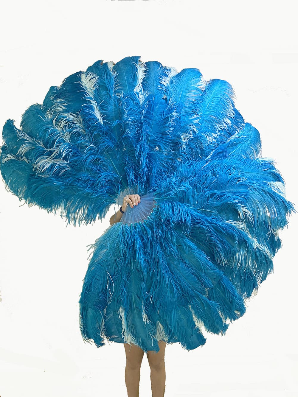 Mix turquoise & mint green 3 Layers Ostrich Feather Fan Opened 65" with Travel leather Bag.