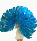 Load image into Gallery viewer, Mix turquoise & mint green 3 Layers Ostrich Feather Fan Opened 65" with Travel leather Bag.
