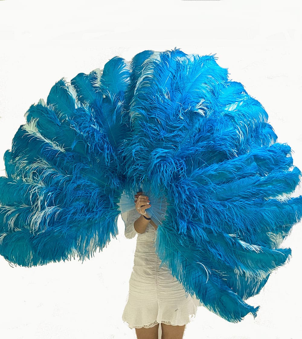 Mix turquoise & mint green 3 Layers Ostrich Feather Fan Opened 65" with Travel leather Bag.