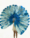 Load image into Gallery viewer, Mix turquoise & mint green 3 Layers Ostrich Feather Fan Opened 65" with Travel leather Bag.
