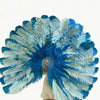 Abanico de plumas de avestruz de 3 capas, color turquesa y verde menta, abierto 65&quot; con bolsa de viaje de cuero.