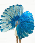 Load image into Gallery viewer, Mix turquoise & mint green 3 Layers Ostrich Feather Fan Opened 65" with Travel leather Bag.
