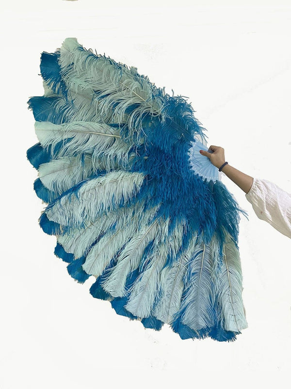 Un par de colores mezclados personalizados, abanico de plumas de avestruz de 3 capas, abierto 65