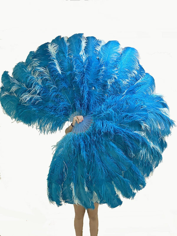 Un par de colores mezclados personalizados, abanico de plumas de avestruz de 3 capas, abierto 65