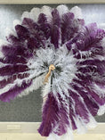 Load image into Gallery viewer, Mix light gary & dark purple 3 Layers Ostrich Feather Fan Opened 65" with Travel leather Bag.
