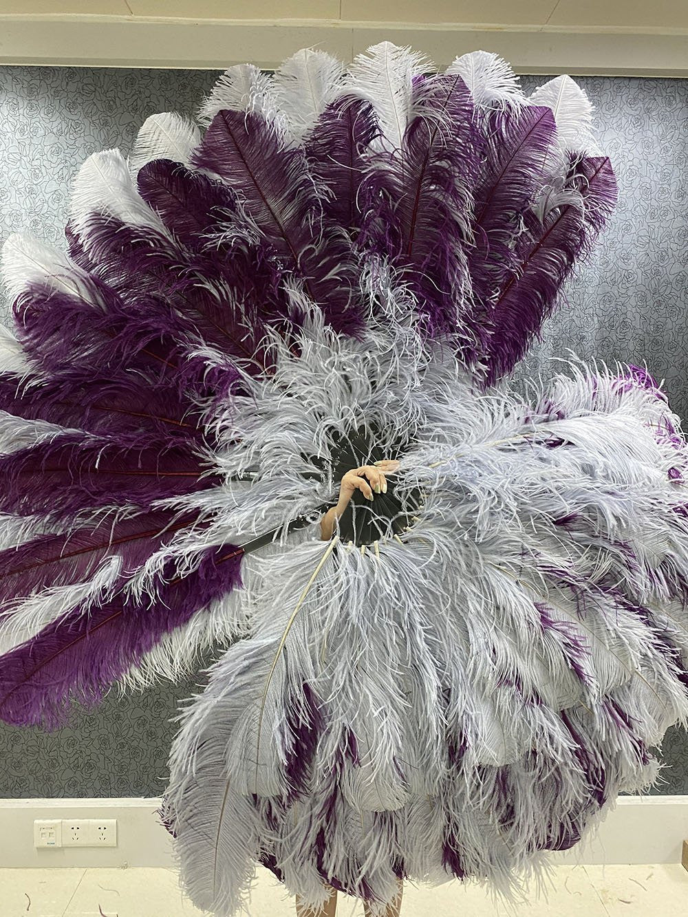 Mix light gary & dark purple 3 Layers Ostrich Feather Fan Opened 65" with Travel leather Bag.