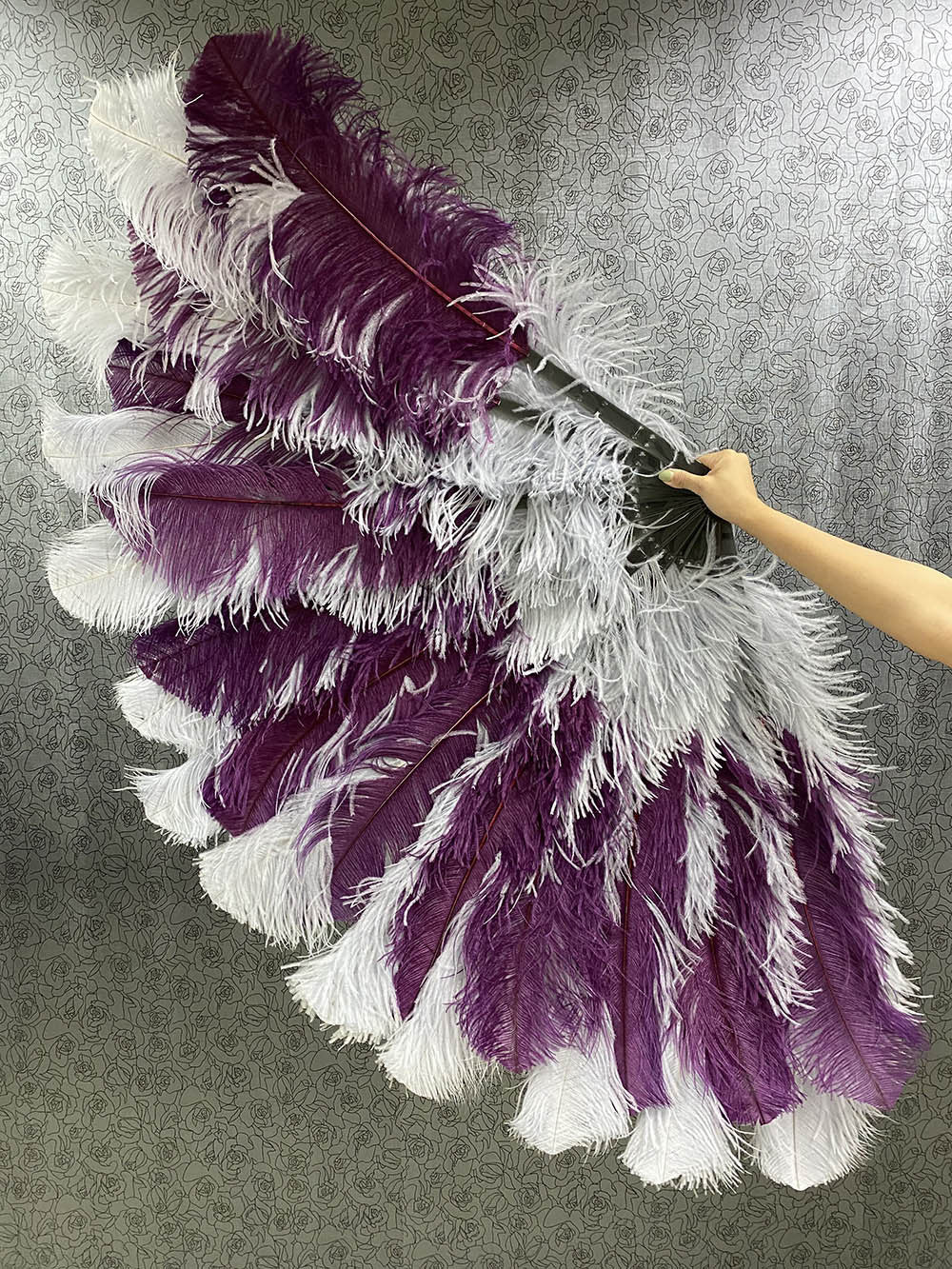 Mix light gary & dark purple 3 Layers Ostrich Feather Fan Opened 65" with Travel leather Bag.