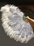 Load image into Gallery viewer, Mix Light gray & gray XL 2 Layer Ostrich Feather Fan 34''x 60'' with Travel leather Bag.
