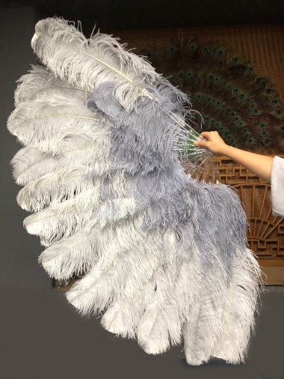 Mix Light gray & gray XL 2 Layer Ostrich Feather Fan 34''x 60'' with Travel leather Bag.