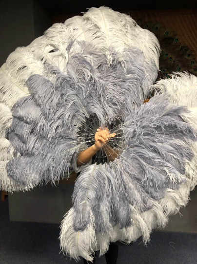 Mix Light gray & gray XL 2 Layer Ostrich Feather Fan 34''x 60'' with Travel leather Bag.