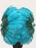 Load image into Gallery viewer, Mix forest green & Teal 2 Layers Ostrich Feather Fan 30''x 54'' with Travel leather Bag.
