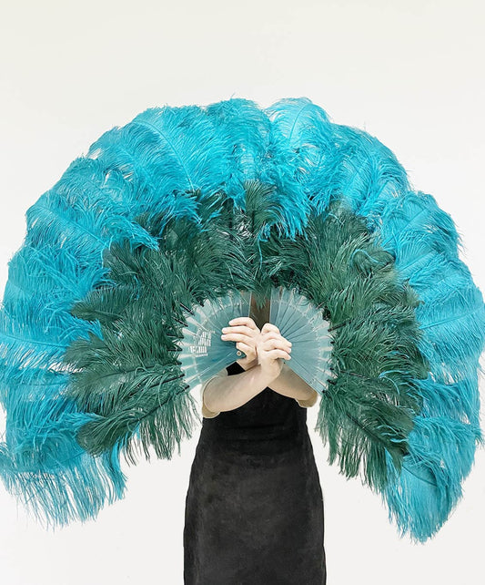 Mix forest green & Teal 2 Layers Ostrich Feather Fan 30''x 54'' with Travel leather Bag.