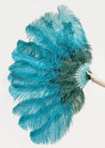 Load image into Gallery viewer, Mix forest green & Teal 2 Layers Ostrich Feather Fan 30''x 54'' with Travel leather Bag.
