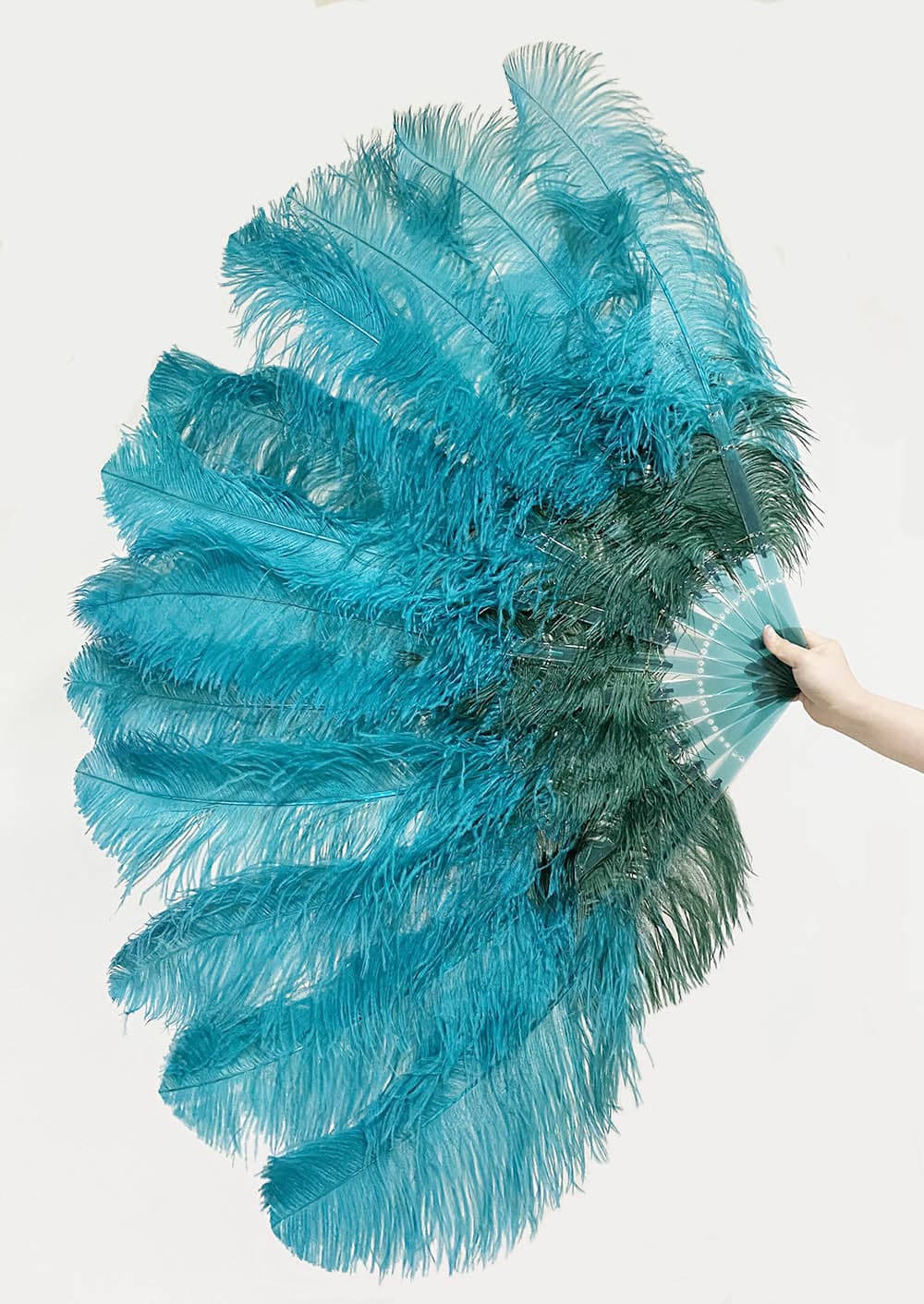 Mix forest green & Teal 2 Layers Ostrich Feather Fan 30''x 54'' with Travel leather Bag.