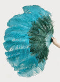 Load image into Gallery viewer, Mix forest green & Teal 2 Layers Ostrich Feather Fan 30''x 54'' with Travel leather Bag.
