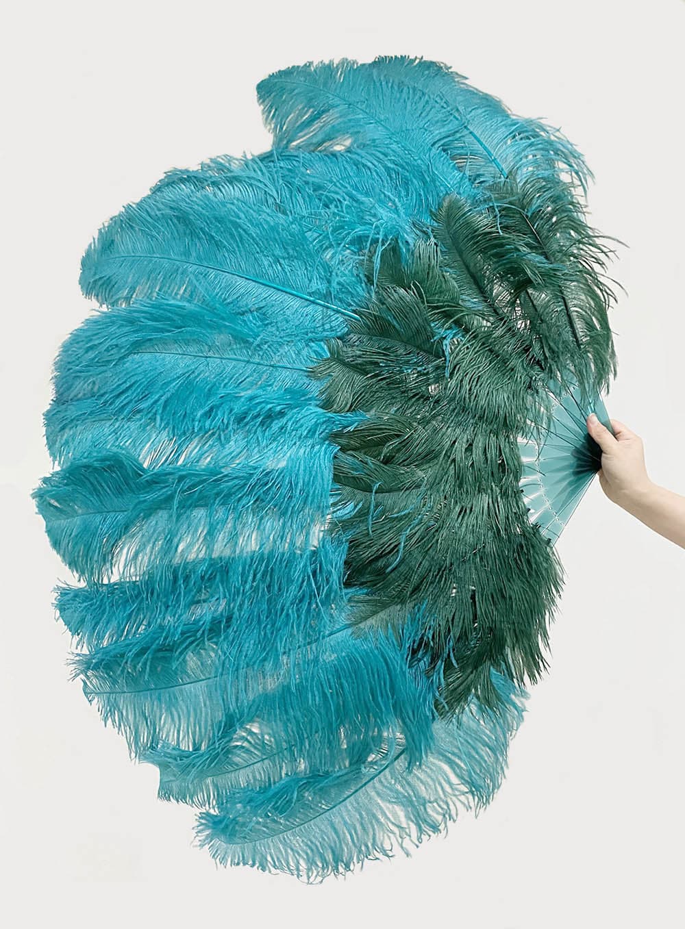 Mix forest green & Teal 2 Layers Ostrich Feather Fan 30''x 54'' with Travel leather Bag.