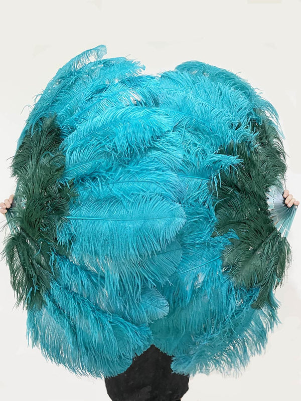 Mezcle el abanico de plumas de avestruz de 2 capas en verde bosque y verde azulado de 30&#39;&#39;x 54&#39;&#39; con bolsa de cuero de viaje.