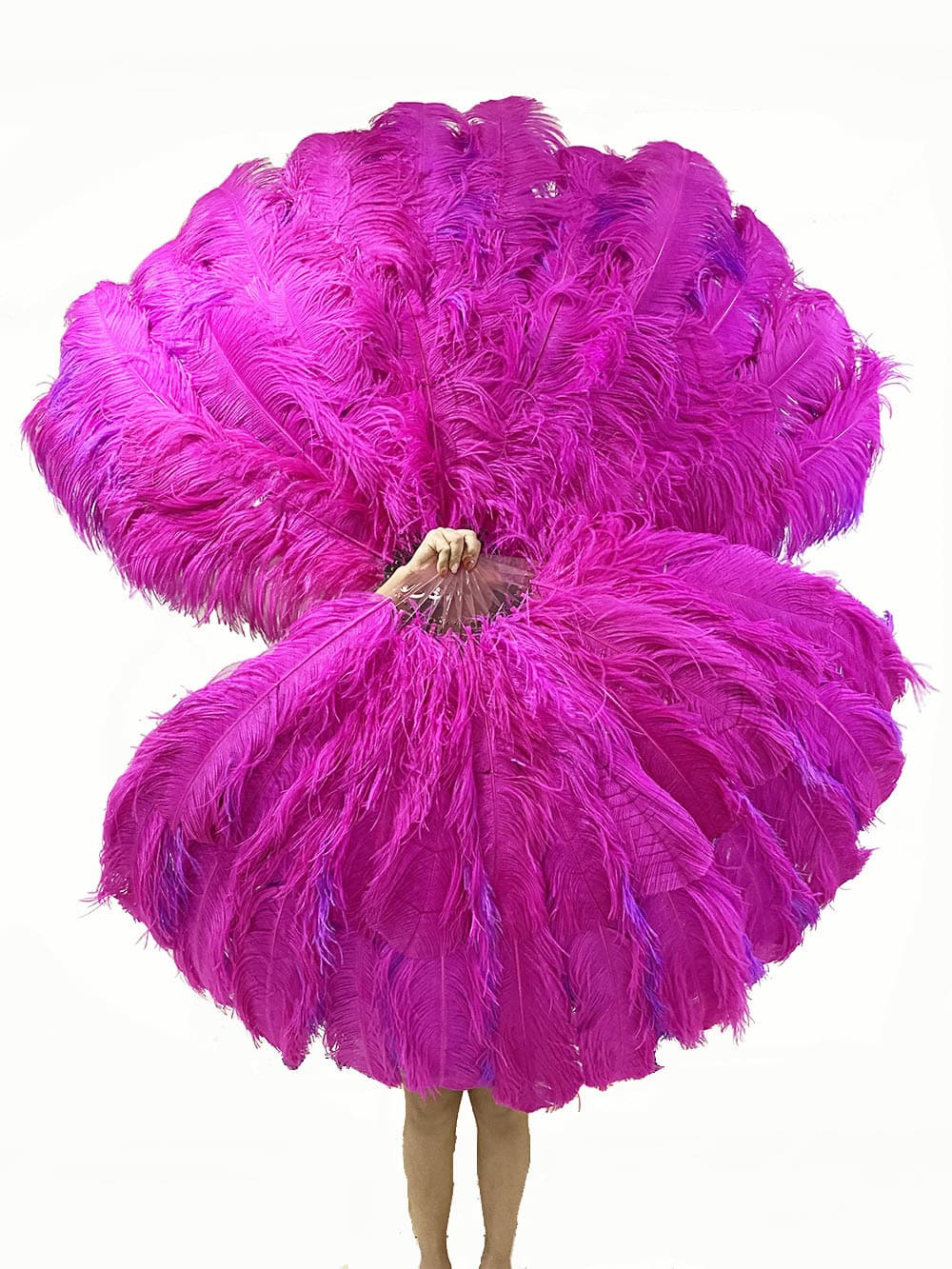 Mix hotpink & lavender 3 Layers Ostrich Feather Fan Opened 65" with Travel leather Bag.