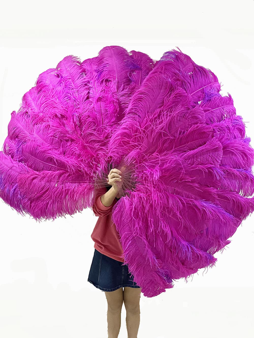 Mix hotpink & lavender 3 Layers Ostrich Feather Fan Opened 65" with Travel leather Bag.