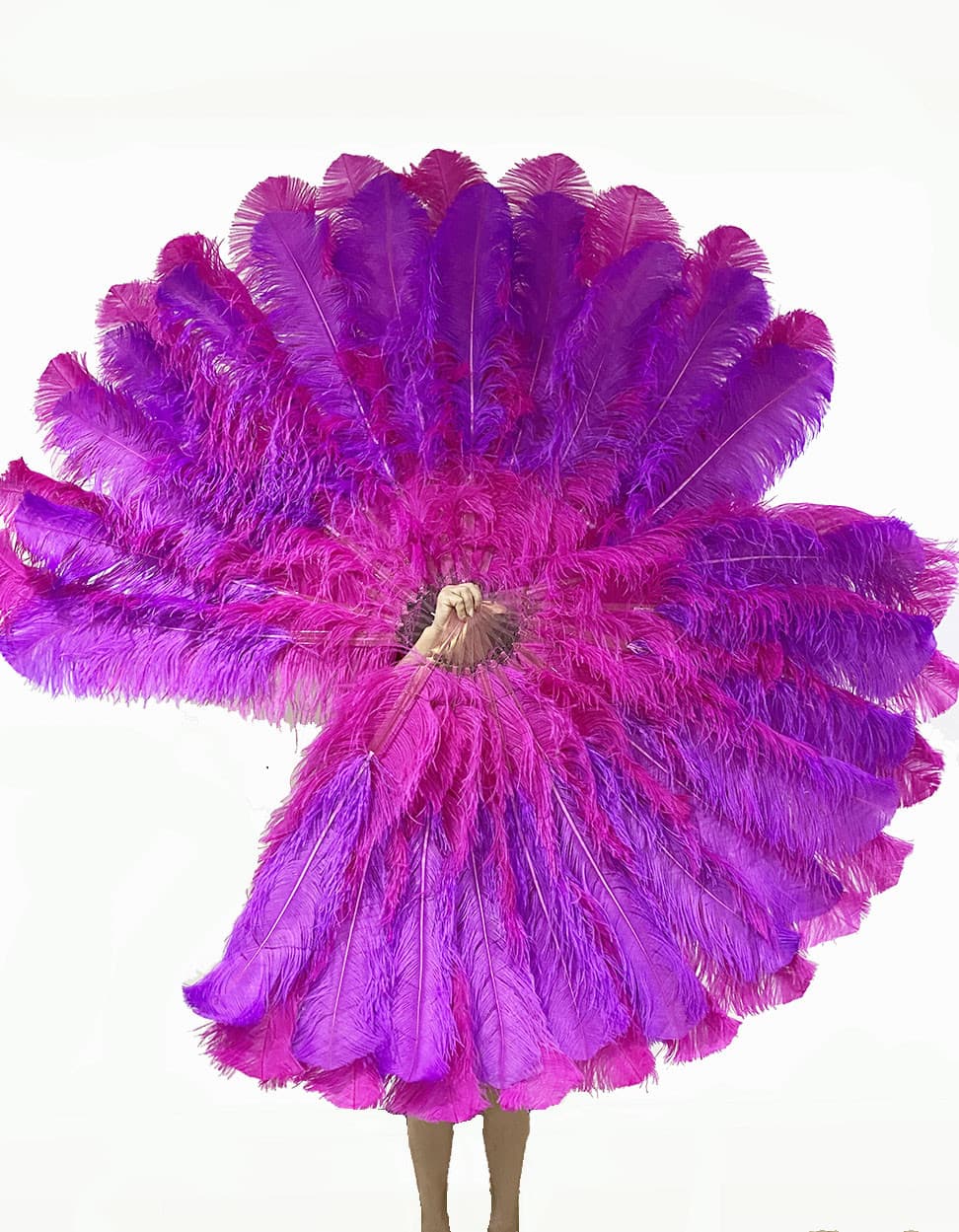 Mix hotpink & lavender 3 Layers Ostrich Feather Fan Opened 65" with Travel leather Bag.