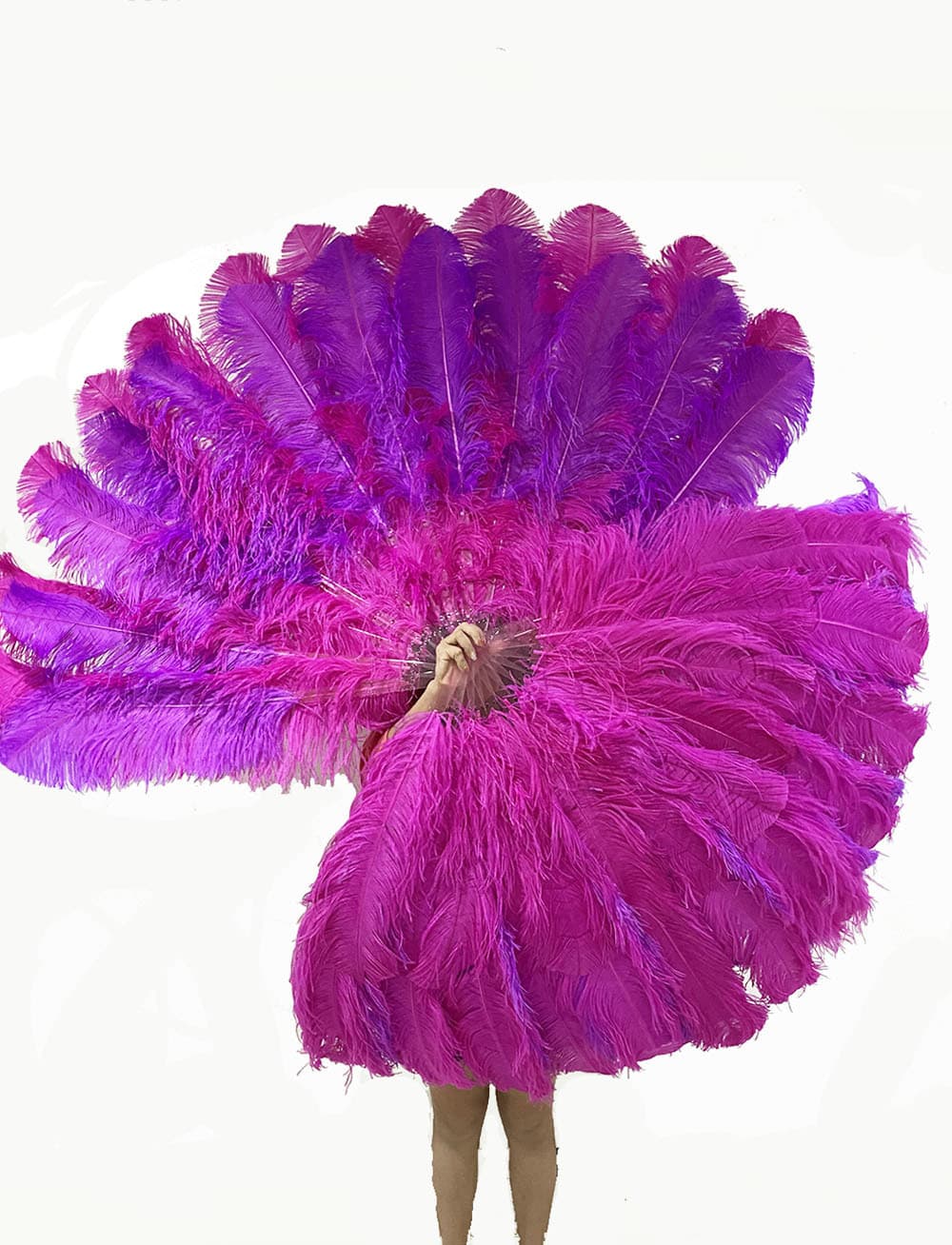 Mix hotpink & lavender 3 Layers Ostrich Feather Fan Opened 65" with Travel leather Bag.