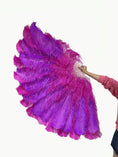 Load image into Gallery viewer, Mix hotpink & lavender 3 Layers Ostrich Feather Fan Opened 65" with Travel leather Bag.
