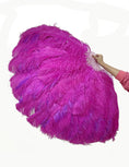 Load image into Gallery viewer, Mix hotpink & lavender 3 Layers Ostrich Feather Fan Opened 65" with Travel leather Bag.
