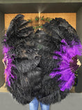 Load image into Gallery viewer, Mix black & dark purple 2 Layers Ostrich Feather Fan 30''x 54'' with Travel leather Bag.
