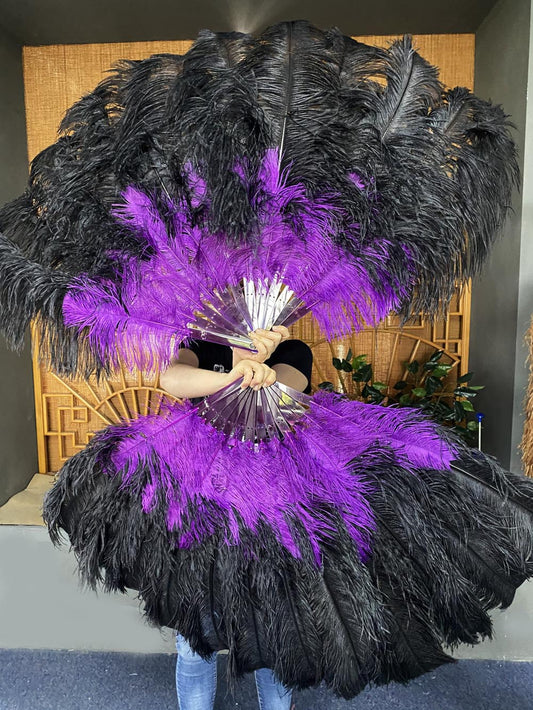 Mix black & dark purple 2 Layers Ostrich Feather Fan 30''x 54'' with Travel leather Bag.