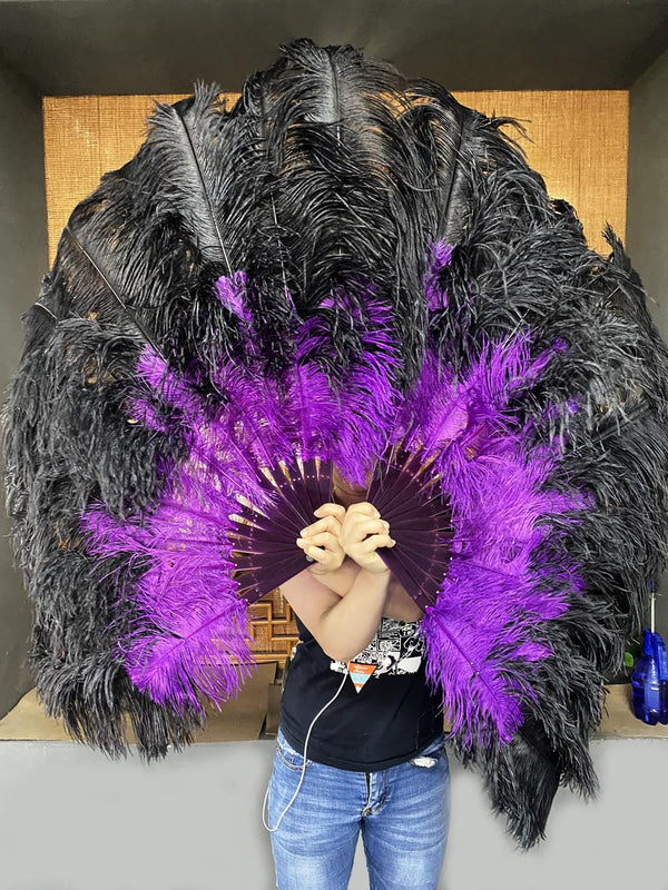 Mix black & dark purple 2 Layers Ostrich Feather Fan 30''x 54'' with Travel leather Bag.