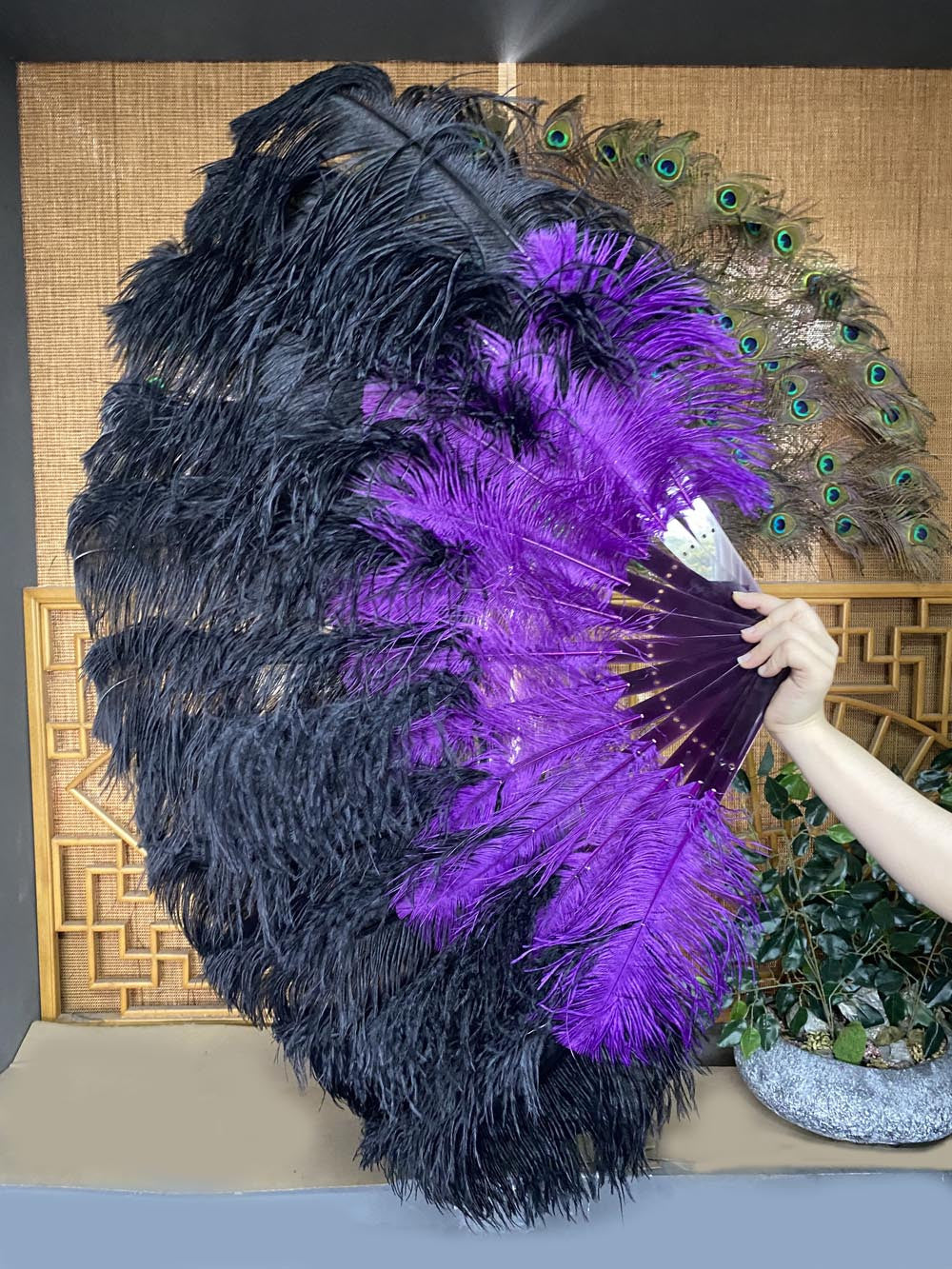 hotfans Mix Black & Dark Purple 2 Layers Ostrich Feather Fan 30''x 54'' with Travel Leather Bag Right Hand Fan / Matching Color Staves