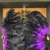 Mezcla negro y morado oscuro 2 capas de abanico de plumas de avestruz 30''x 54 '' con bolsa de viaje de cuero.