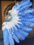 Load image into Gallery viewer, Mix white & sky blue XL 2 Layer Ostrich Feather Fan 34''x 60'' with Travel leather Bag.
