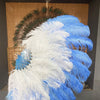 Abanico de plumas de avestruz XL de 2 capas, color blanco y azul cielo, de 34&#39;&#39;x 60&#39;&#39; con bolsa de viaje de cuero.