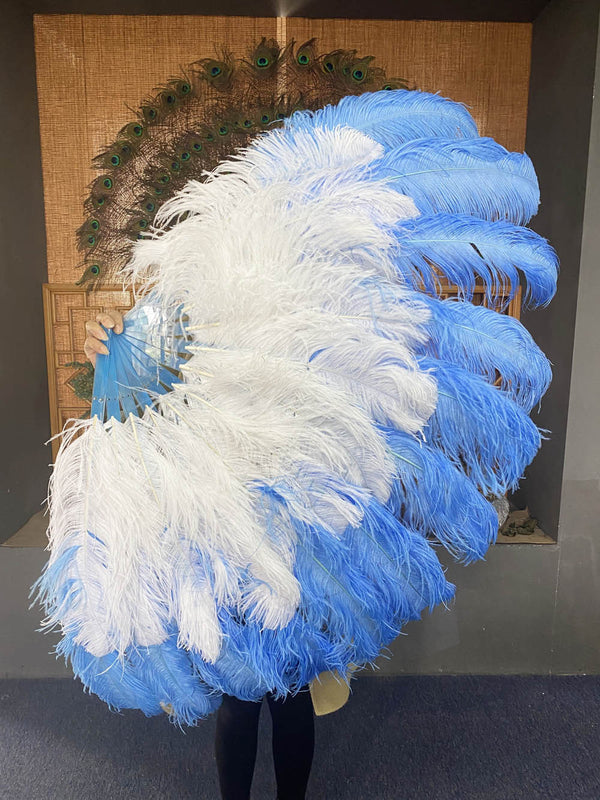 Abanico de plumas de avestruz XL de 2 capas, color blanco y azul cielo, de 34&#39;&#39;x 60&#39;&#39; con bolsa de viaje de cuero.