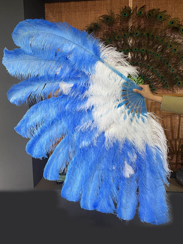 Mix white & sky blue XL 2 Layer Ostrich Feather Fan 34''x 60'' with Travel leather Bag.