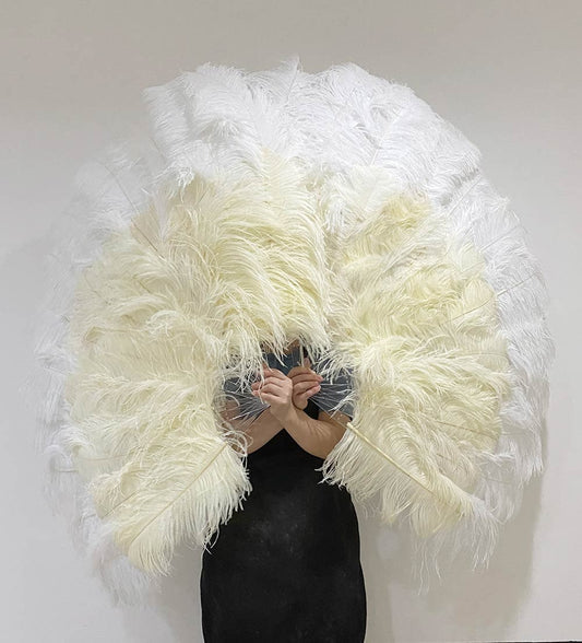 Mix beige & white XL 2 Layer Ostrich Feather Fan 34''x 60'' with Travel leather Bag.