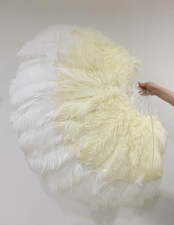 Abanico de plumas de avestruz XL de 2 capas, color beige y blanco, de 34&#39;&#39;x 60&#39;&#39; con bolsa de viaje de cuero.