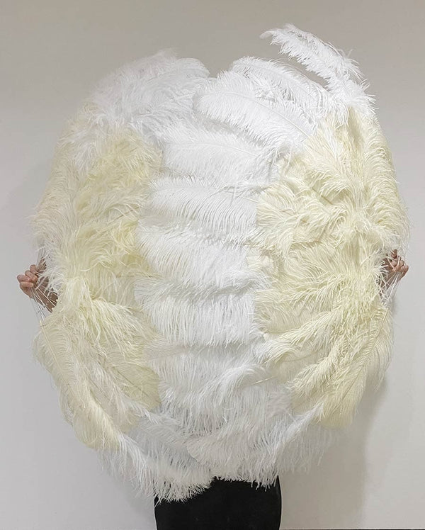 Abanico de plumas de avestruz XL de 2 capas, color beige y blanco, de 34&#39;&#39;x 60&#39;&#39; con bolsa de viaje de cuero.