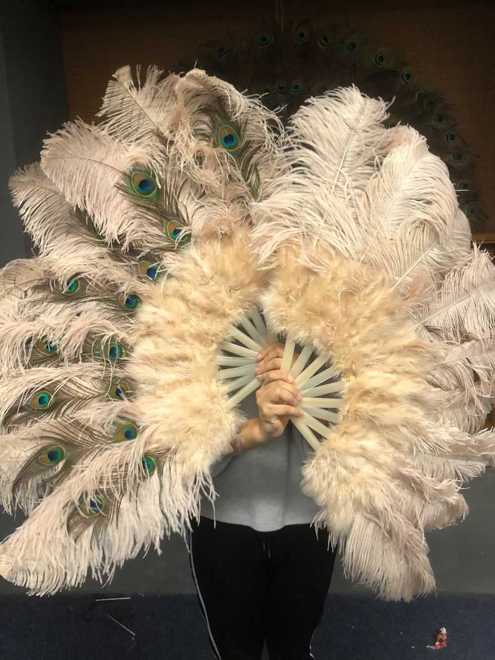 Light Camel Peacock Marabou Ostrich Feathers Fan 24"x43" With Travel leather Bag.