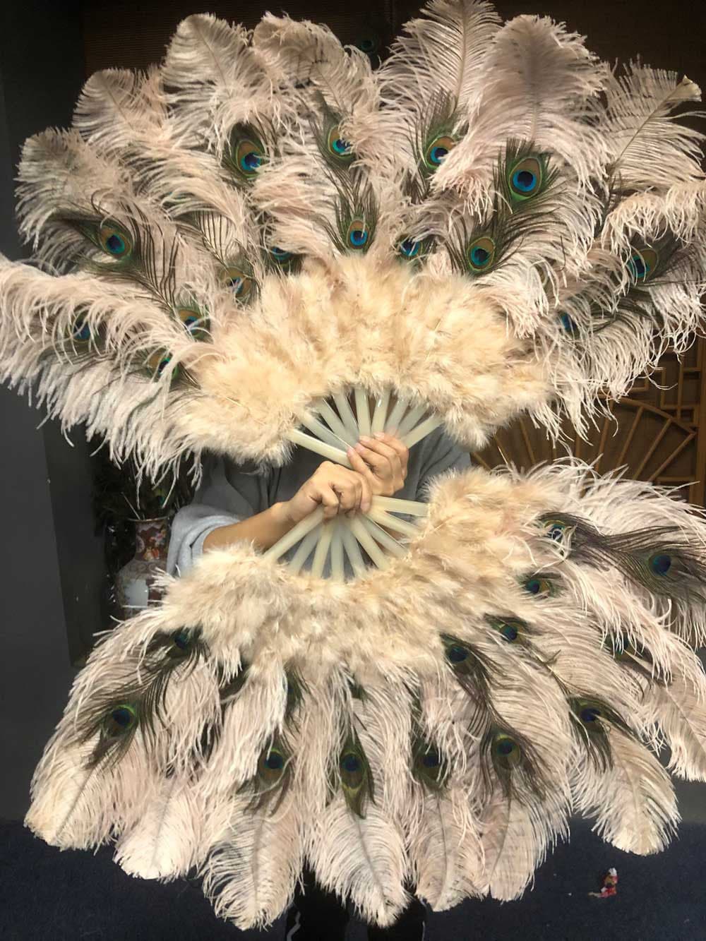 Light Camel Peacock Marabou Ostrich Feathers Fan 24"x43" With Travel leather Bag.