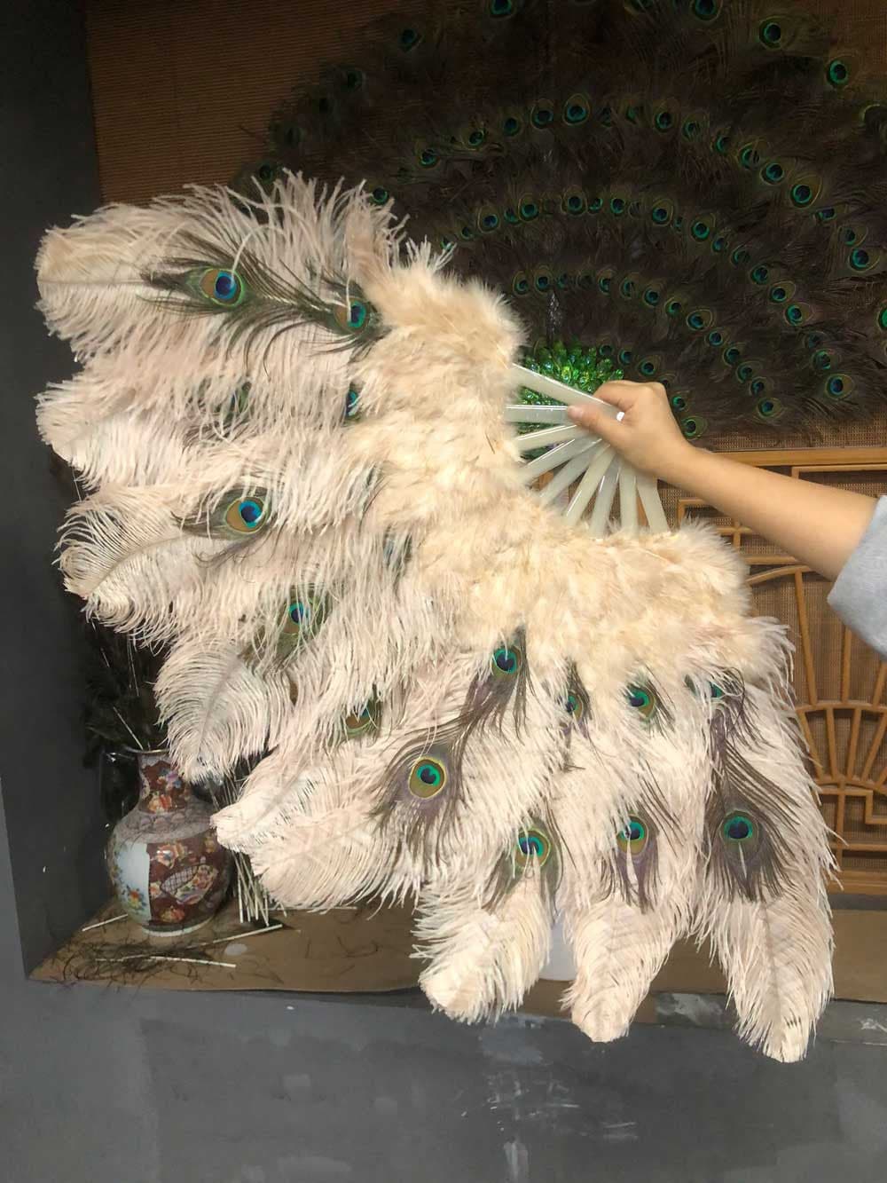 Light Camel Peacock Marabou Ostrich Feathers Fan 24"x43" With Travel leather Bag.